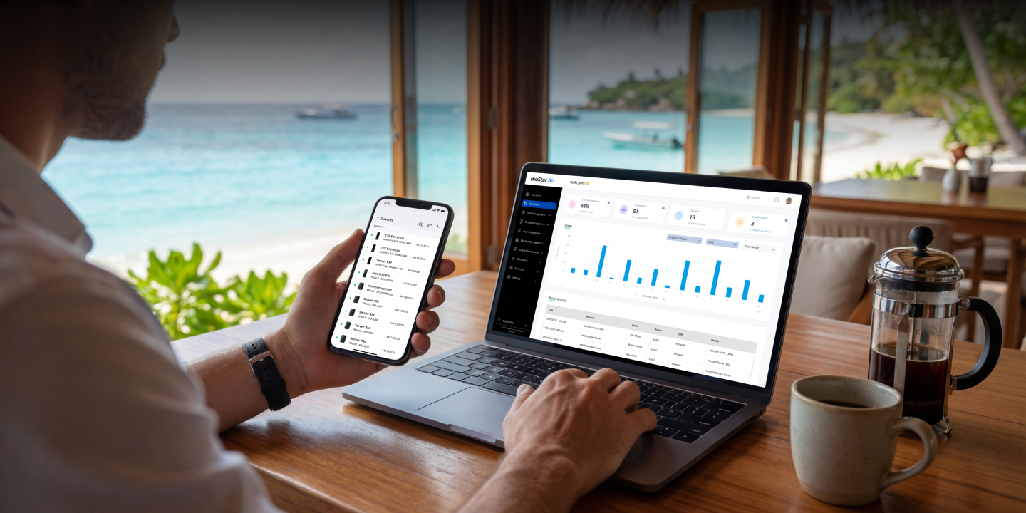 Tableau de bord central de contrôle d'accès cloud BioStar Air sur ordinateur de bureau et mobile